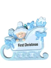 Baby In A Sleigh (Blue) Personalized Christmas Ornament