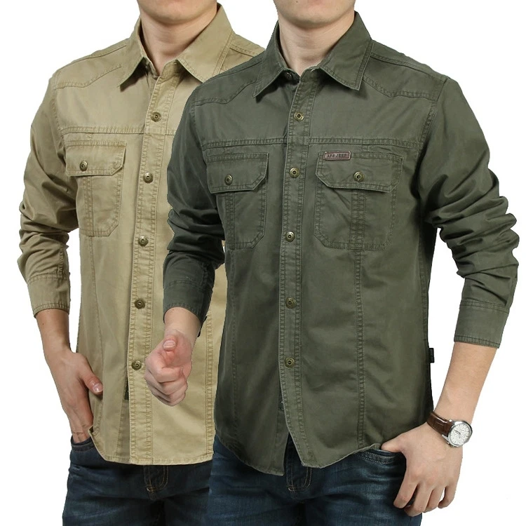 HOT Men's Casual Long Sleeve Army Cargo Shirt Work Military Shirt Double Pockets