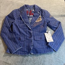Love Stitch Blazer Womens M Embroidered Jacket Striped Patches Raw Hem Blue Nwt