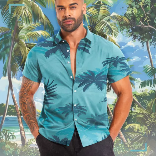 Hawaiianisches Hemd Herren Kokosnussbaum Druck Strand Urlaub Aloha Party kubanischer Kragen - Bild 16 von 48