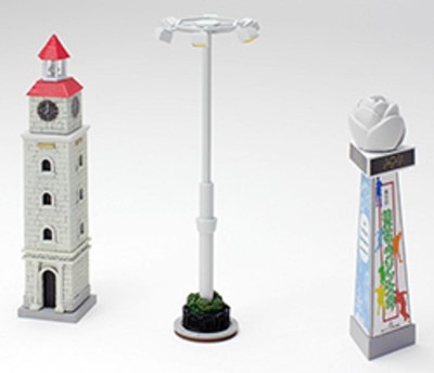 Tomytec 976198 - N Bahnhofsausschmückung, Uhrenturm, Werbeturm, Lichtmast - Neu