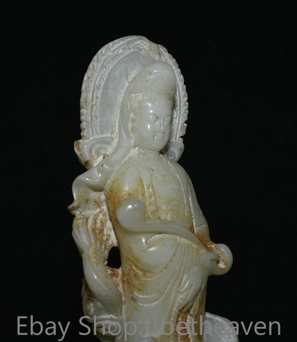 8.8” Old Chinese White Jade Carving FengShui Kwan-yin Goddess Dragon Statue - Picture 5 of 10