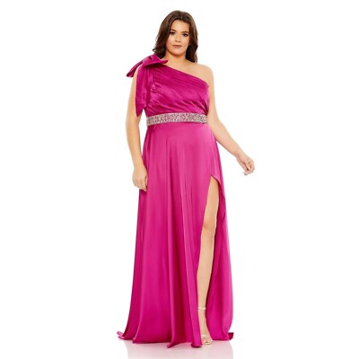 Mac Duggal BOW ONE SHOULDER FAUX WRAP Evening GOWN Dress Fuchsia Size 14W 49576