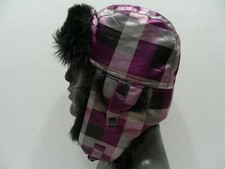 Purple Black Gray Plaid - Polyester - Youth Size Trapper Aviator Style Cap Hat 