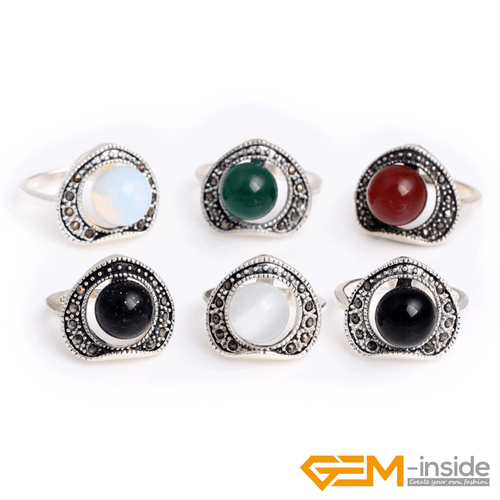 Natural Gemstone Charms Rings Jewelry Tibetan Silver Marcasite Women Gift 6#-8# - Picture 1 of 43