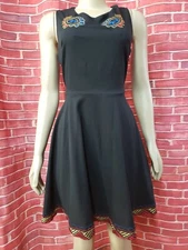 Modcloth  Fit & Flare Embroidered Paisley Black Women Dress Sz 10 NWT #CB7