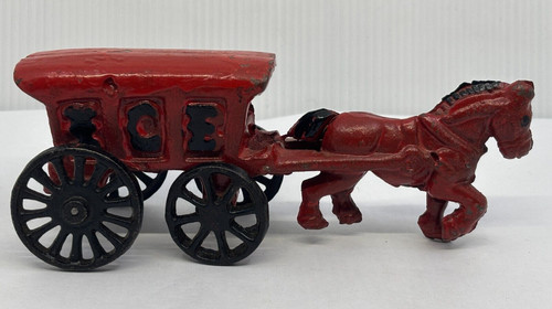 Metal Cast Iron Ice Wagon and Horse Toy Red and Black