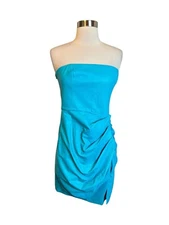 Amanda Uprichard Mohan Dress Small Faux Leather Blue Ruched Strapless
