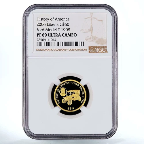 Liberia 50 dollars Ford Model T 1908 American History PF 69 NGC gold coin 2006