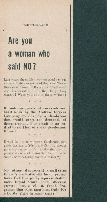1950 Dryad Deodorant New Spray Version Triple Protection Cream Form Ad L40