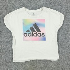 Adidas Shirt Girl's Medium White Logo Side Slit Graphic Tee Short Sleeve Stretch