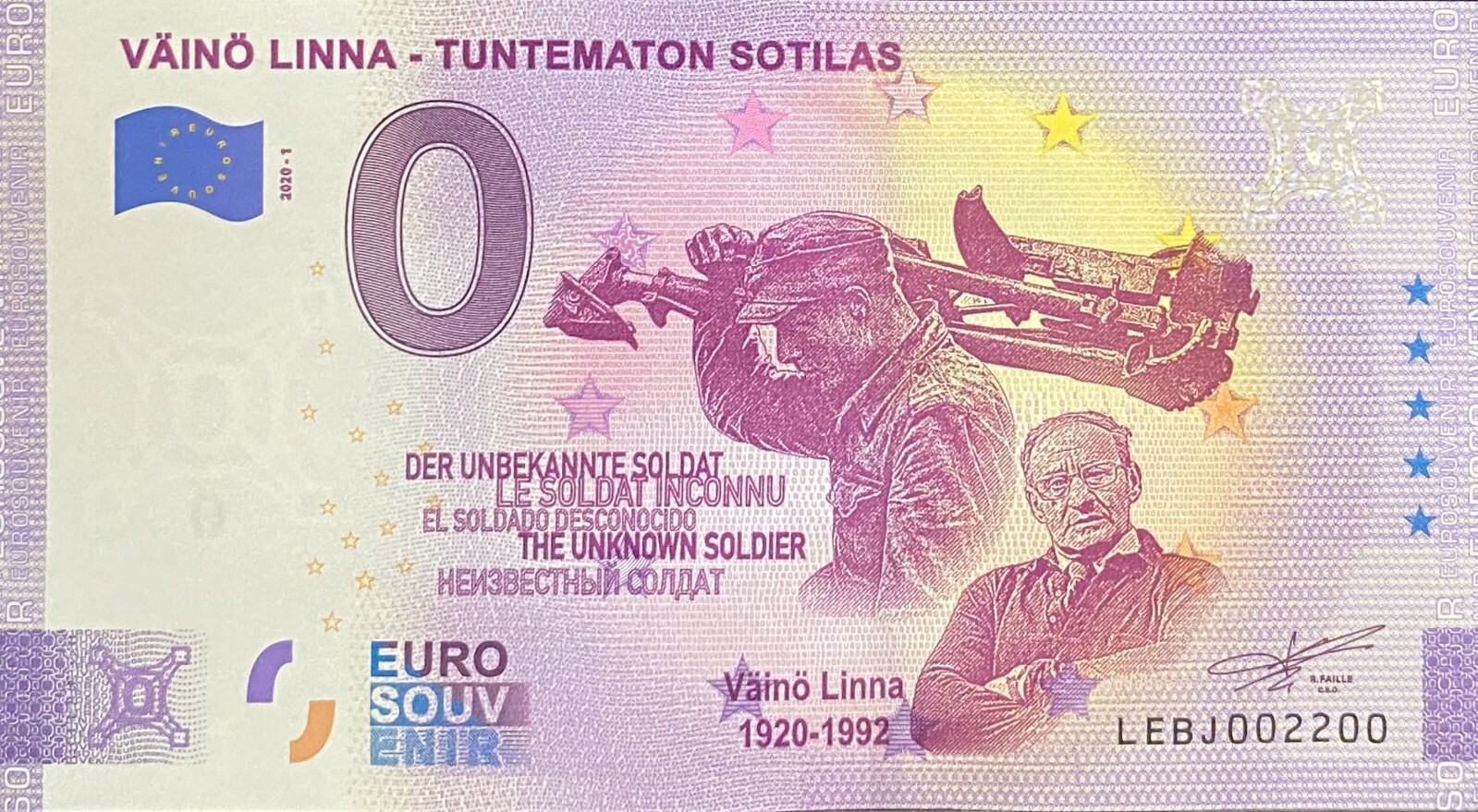 BILLET 0  EURO VAINO LINNA TUNTEMATON  FINLANDE  2020  NUMERO 2200