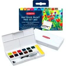 Derwent Inktense 12 Colours Watercolour Paint Pans Travel Set #02 + Water Brush 