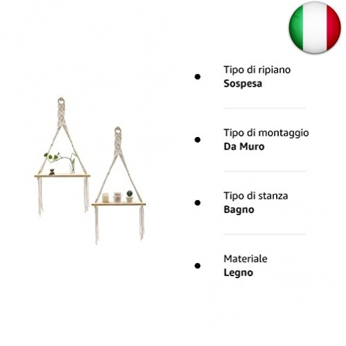 Afuly Mensole da Muro Legno Grezzo Boho Macrame Design Bagno/Cameretta/Balcone - Foto 9 di 9