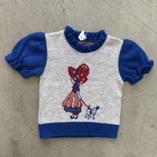 VTG 70s Sears Roebuck Pullover Girl And Dog Blue USA Made Knit Sweater Youth S