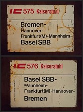 Zuglaufschild Metall IC575 Kaiserstuhl Bremen-Basel IC576 Basel-Bremen
