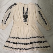 Fat Face Cream Embroidered Boho Maxi Dress Size 12 Long Sleeve Tassel Tie