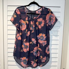 Camicetta trasparente floreale Papermoon Stitch Fix donna XL manica corta blu navy top