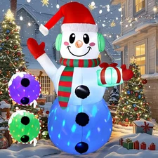 6 FT Christmas Inflatables Snowman with Gift, Built-In Rotating Colorful LED Lig