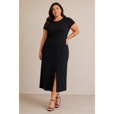 Kaia Black Midi Dress XLP Petite Button Detail Short Sleeve Minimalist NWT