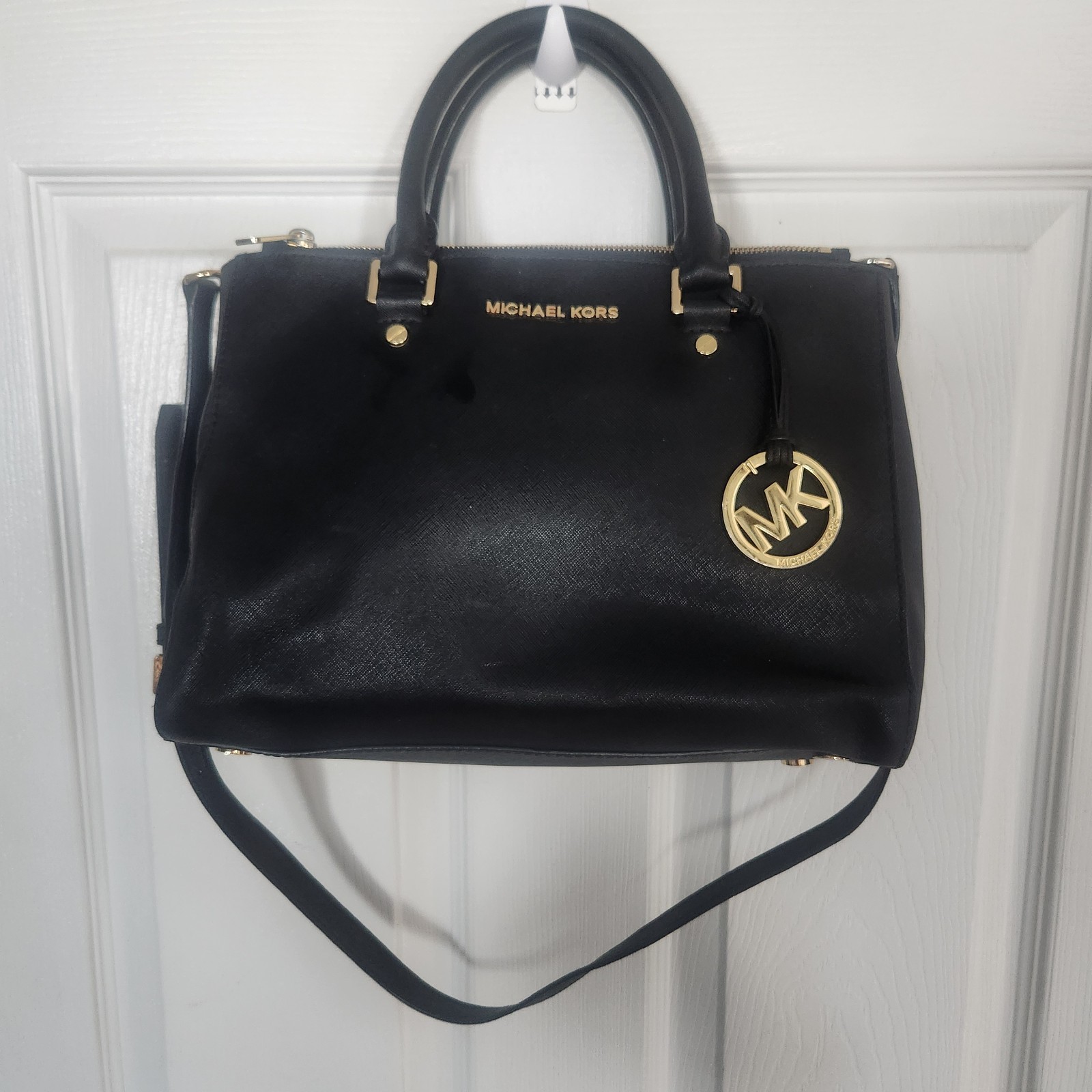 Michael Kors Black Saffiano Leather Satchel Crossbody Bag Gold Hardware Purse