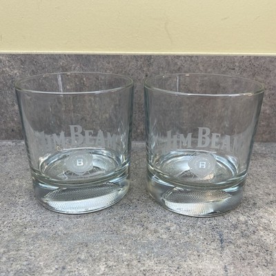 2 Jim Beam Rocks Glass Embossed Football Ball Bottom Kentucky Whiskey Bourbon