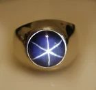 Solid 925 Sterling Silver Round Cut 6 Rays Star Blue Sapphire Signet Men's Ring