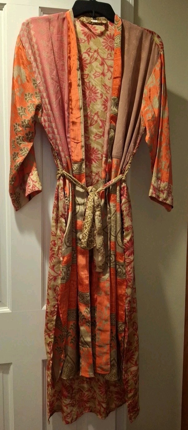 Silk Women's One Size Pink Orange Brown Tan Robe w/ Belt Pockets India