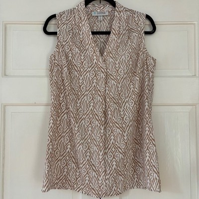 Coolibar Tan and White Sleeveless Blouse UPF 50 Patterned Size Small Vacation