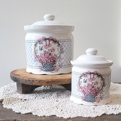 Vtg Cottagecore Veranda Pink Hearts & Roses Bow Canister Cookie Jar Set