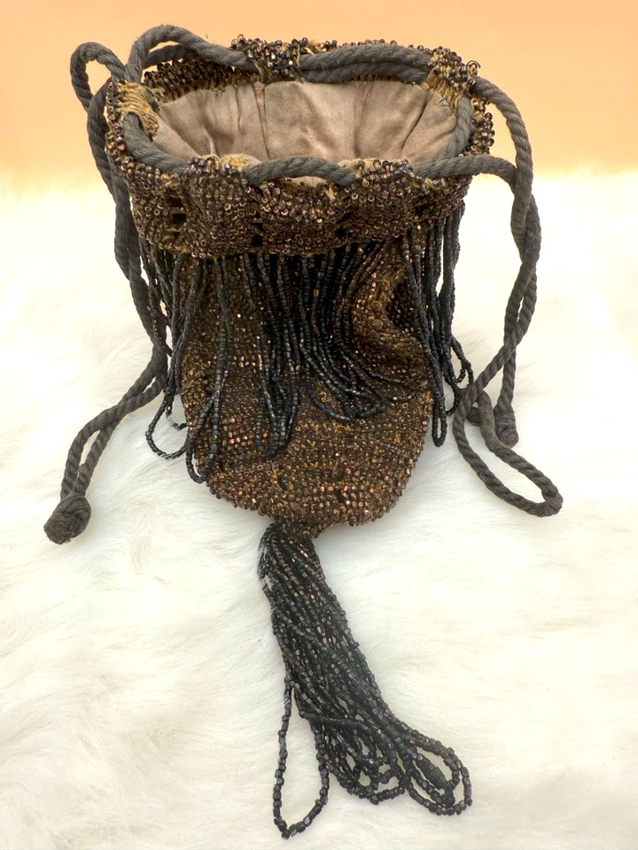 Antique Victorian Brown/Copper Beaded Drawstring Reticule Pouch Bag   - Image 3 of 4