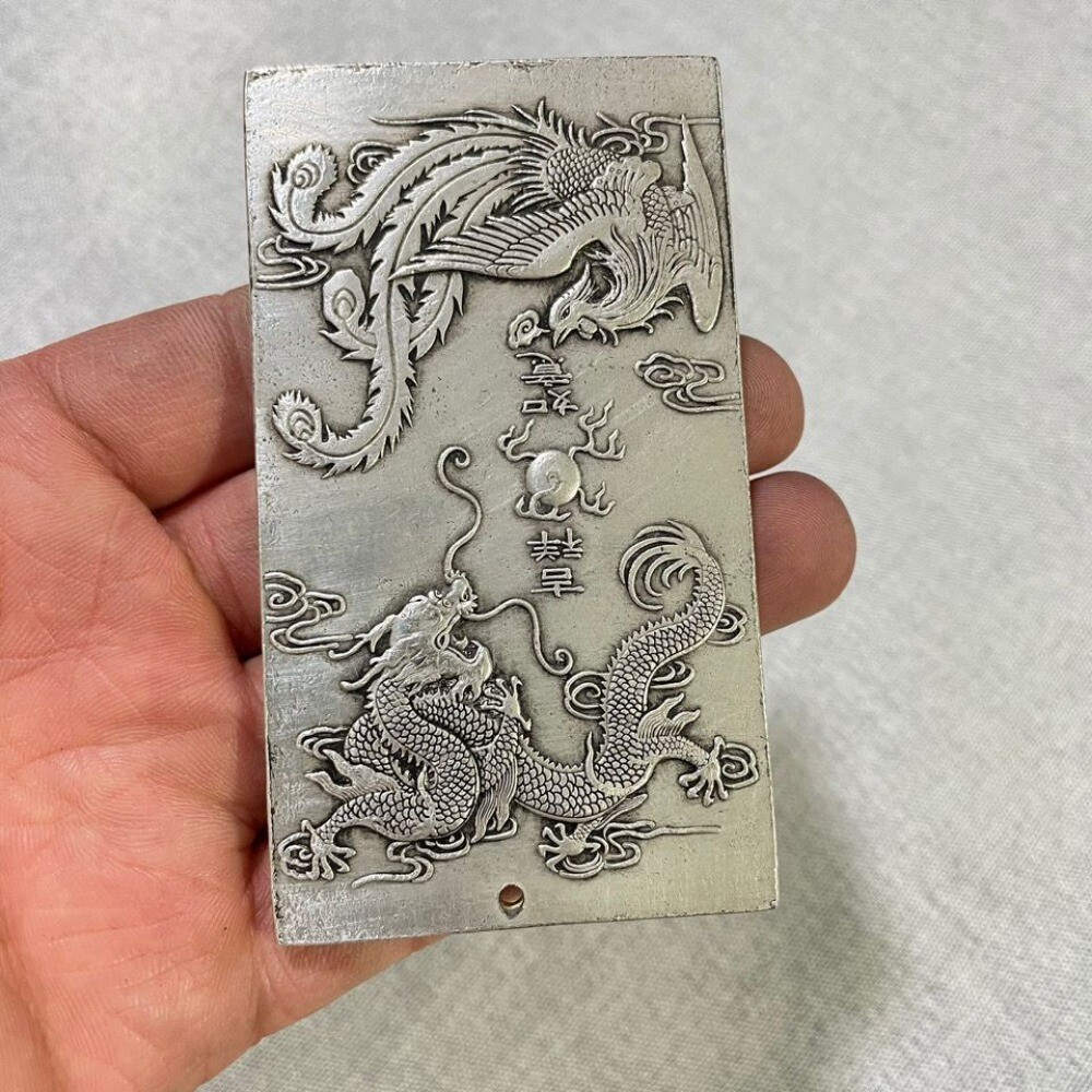 Old Chinese Tibet Silver Carving dragon and phoenix Pendant waist tag