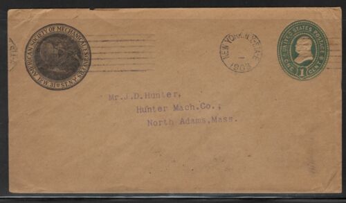 1c Gr. Franklin Am. Soc. Of Engineers US Postal Stationery, Flag Cancel, NY-MA - Afbeelding 1 van 3