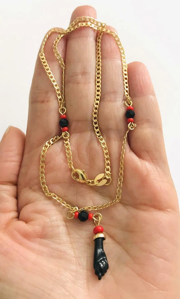 COLLAR PROTECCIÓN AZABACHE RELLENO ORO 18K 18" / CADENA DE AZABACHE 18"- N77 Foto 3 de 4