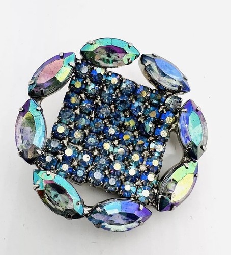 Sparkling Peacock Blue AB Curved Rhinestone Brooch Vintage Jewelry