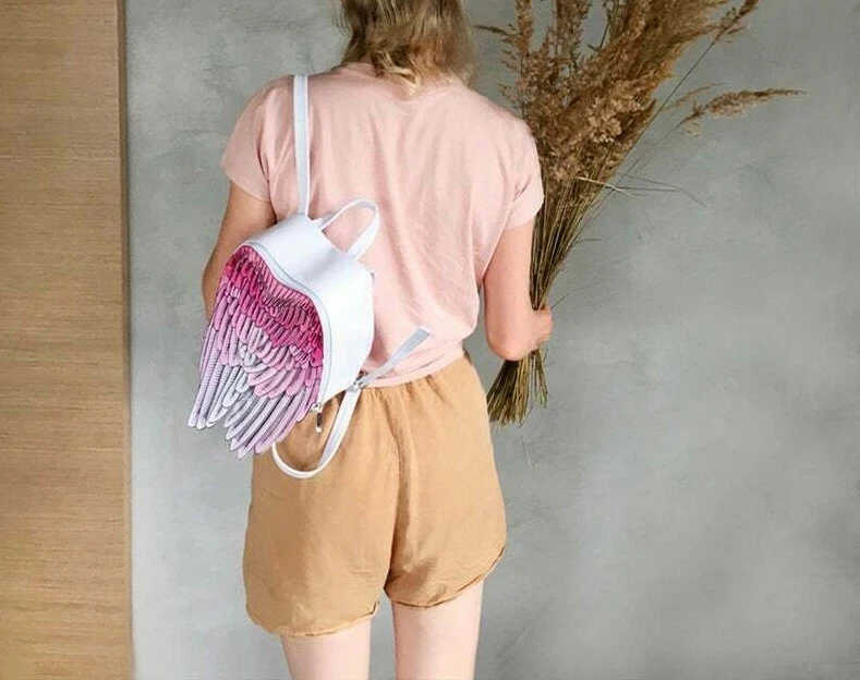angel white pink Leather Backpack Leather Wings Backpack Unique Wings Bag small