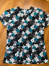 Women's White Cross Floral Printed Medical Scrub Top- XS