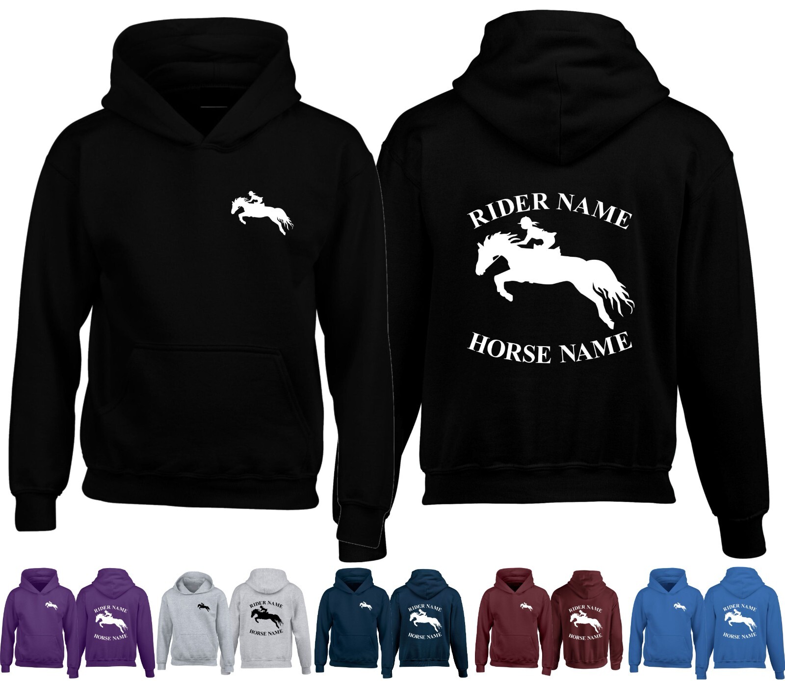 Felpa con cappuccio cavallo personalizzata fronte schiena dressage equitazione JOCKEY PONY XMAS