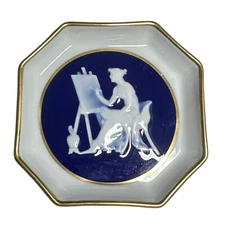 F M Barbotine Limoges France Porcelain Trinket Dish Cobalt Blue Artist Painting