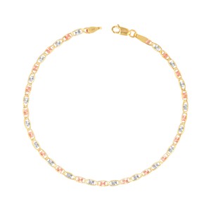 14K Solid Tri-Color Yellow Rose White Gold 2.6mm Valentino Chain Bracelet 7