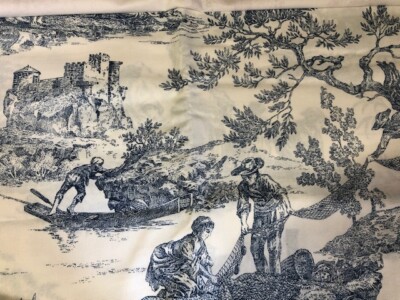 Toile De Jouy Bleue 100% Coton - Largeur 140cm, Au Mètre, Pour Ameublement Et Décoration