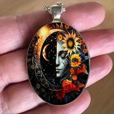 Sun Moon Oval Necklace Jewelry Vintage Silvery Gothic Nature Pendant