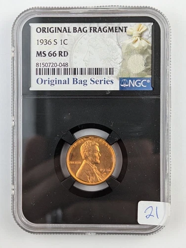 1936 S Lincoln Wheat Cent - NGC MS66RD - Original Bag Fragment Relic Label