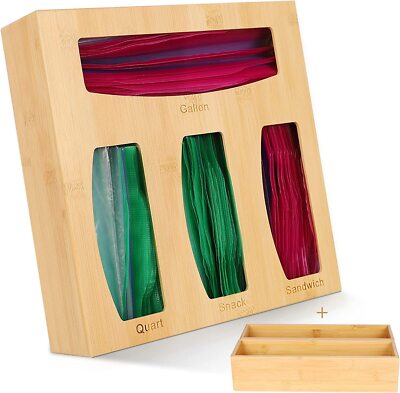 Ziplock Bag Storage Organizer for Drawer or Wall Mount, Bamboo