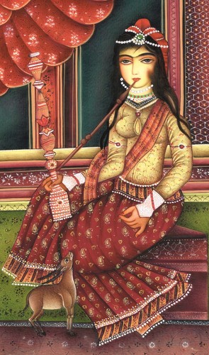 A Qajar Beauty Enjoying Hookah (Smoke) Persian Painting On Paper 6x11 Inches - Picture 4 of 6