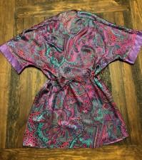 Vintage 80s Pink Purple Paisley Satin Robe Large L Feminine Romantic Girly Glam
