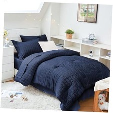 Twin XL Comforter Set Seersucker 5 Pieces, All Twin XL 68"x 88" Navy Blue