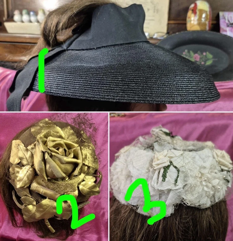 Vintage Hats - Black Straw Open Crown Wide Brim, Gold & White Floral Pillbox Hat - Image 2 of 4