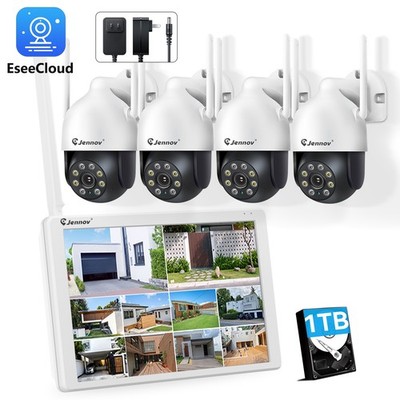 JENNOV WLAN 5MP Überwachungskamera 10'' 1TB Monitor Zwei-Wege-Audio 4X IP Kamera