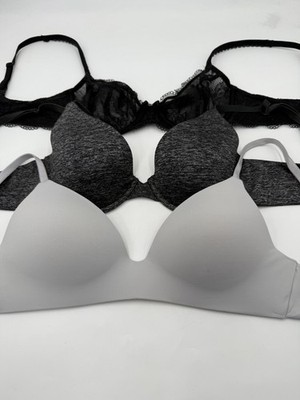 Three Victoria Secret Size 34 B Black Demi Wire Grey T-Shirt No Wire Brass